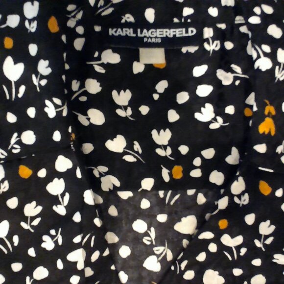 KARL LAGERFELD Dress. Button Front in Black with Floral print silk. Sz 14 - Picture 4 of 6